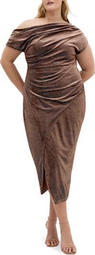 City Chic Shimmy Ruched One-Shoulder Midi Cocktail Dress