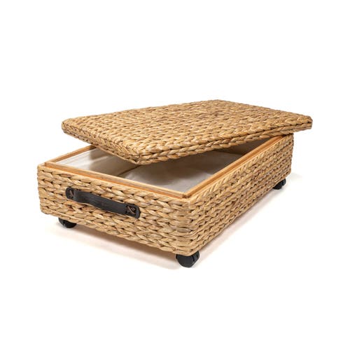 Happimess Chett Minimalist Hand-woven Hyacinth/wood Underbed Storage Bin With Wheels And Handles In Natural
