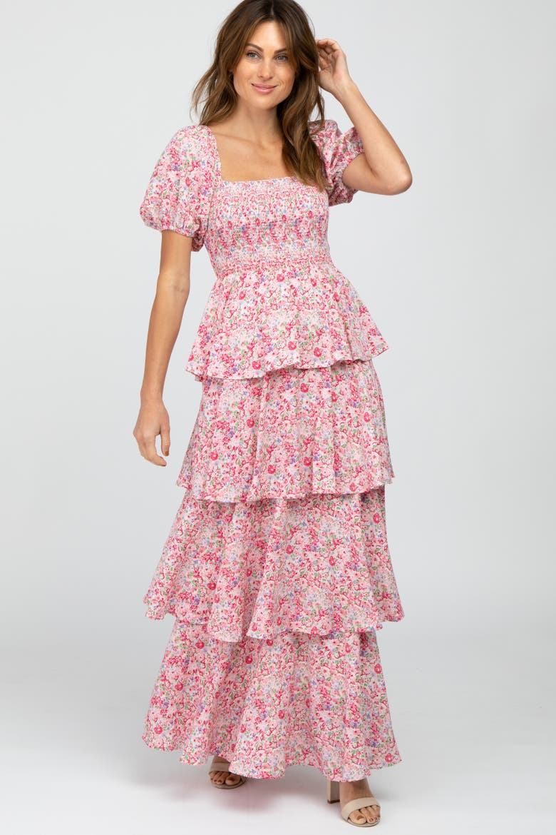 Floral Square Neck Ruffle Layered Maxi Dress, Alternate, color, Pink