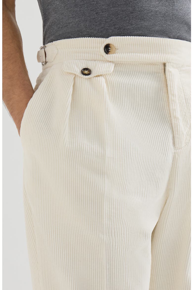 Garment-dyed trousers in cotton corduroy with reversed double pleats and waist tabs, Alternate, color, White