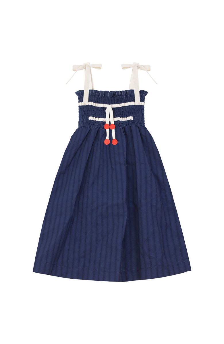 LOLA Smocked Bodice Ruffle Edge Maxi Jumper, Main, color, Navy