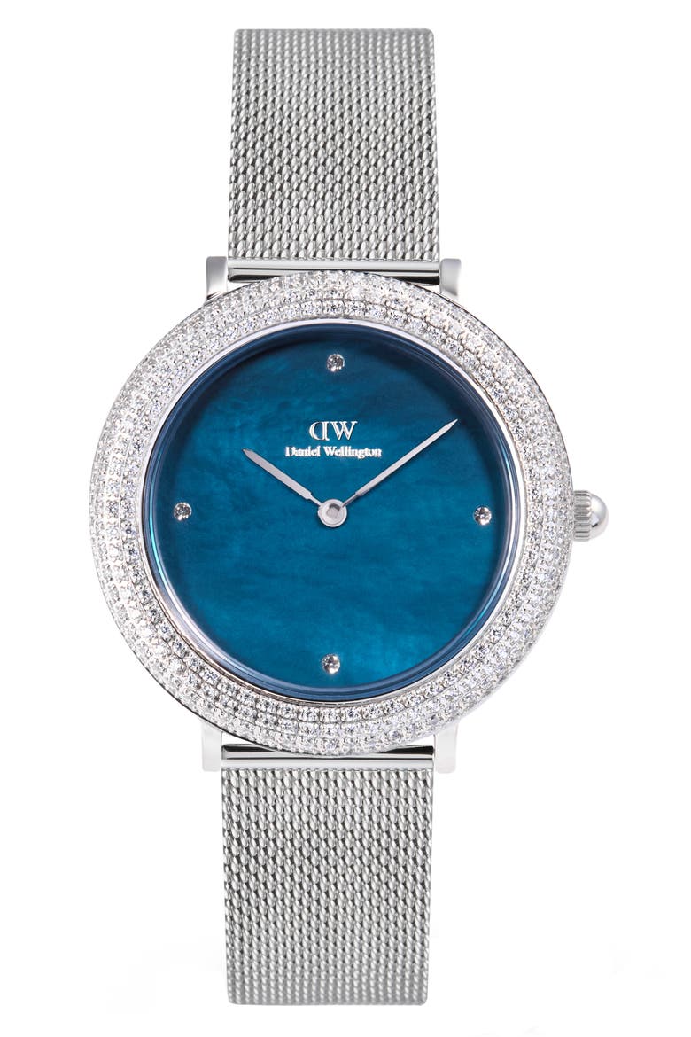 Crystal Bezel Sterling Blue Mesh Strap Watch, 32mm, Main, color, SILVER