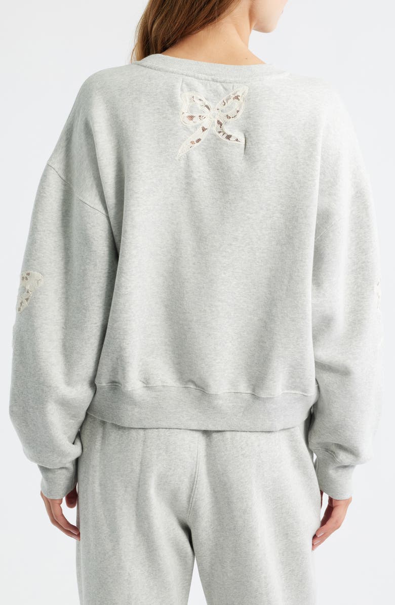 LoveShackFancy Linetta Lace Bow Inset Cotton Blend Sweatshirt, Alternate, color, Heather Grey