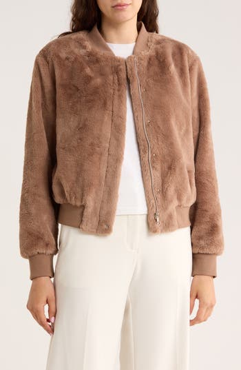Sanctuary Luxe Faux Fur Zip Bomber Jacket In Brown
