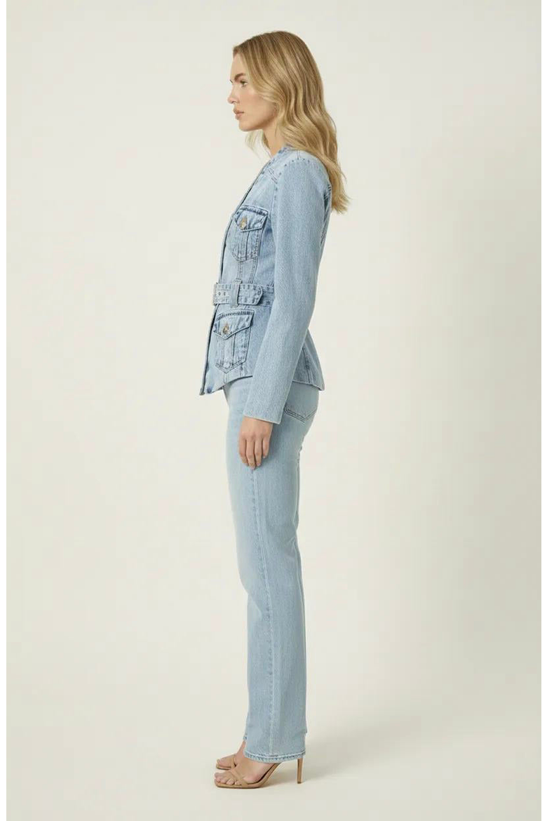Denim Blazer with Belted Waist and Utility Pocket Detail, Alternate, color, Light Wash Blue
