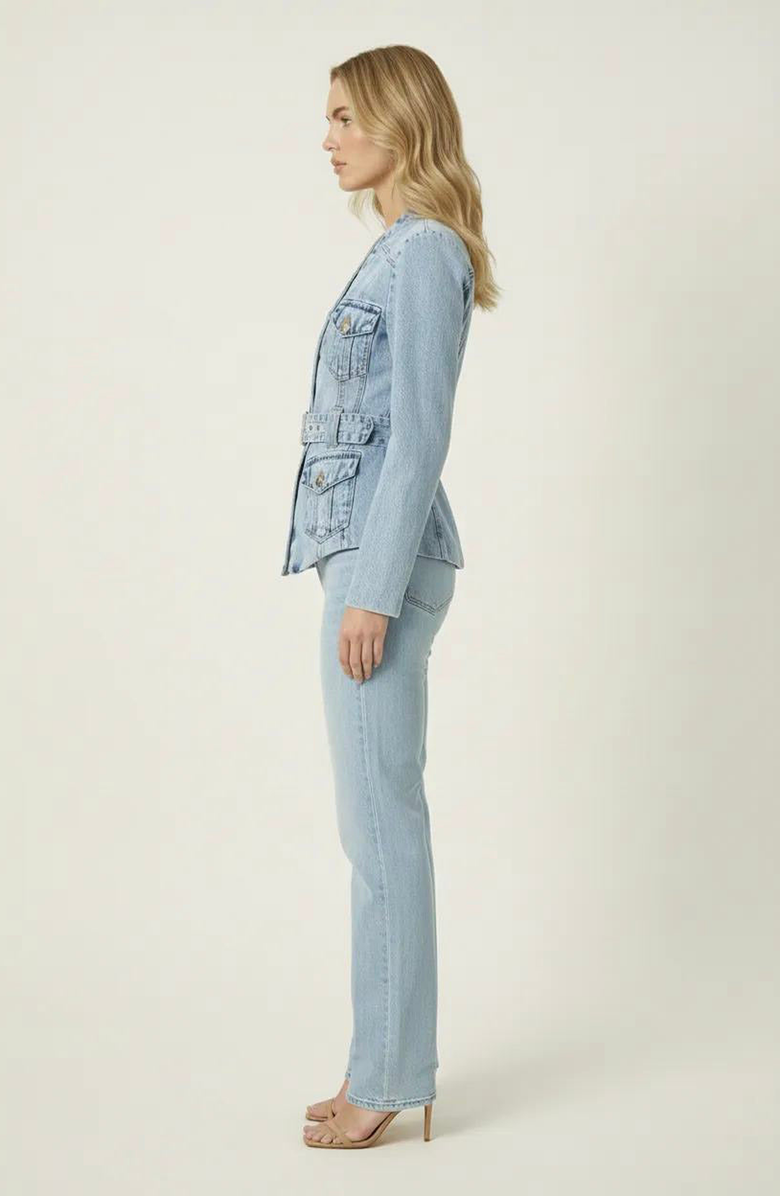 Modenaire Denim Blazer with Belted Waist and Utility Pocket Detail, Alternate, color, Light Wash Blue