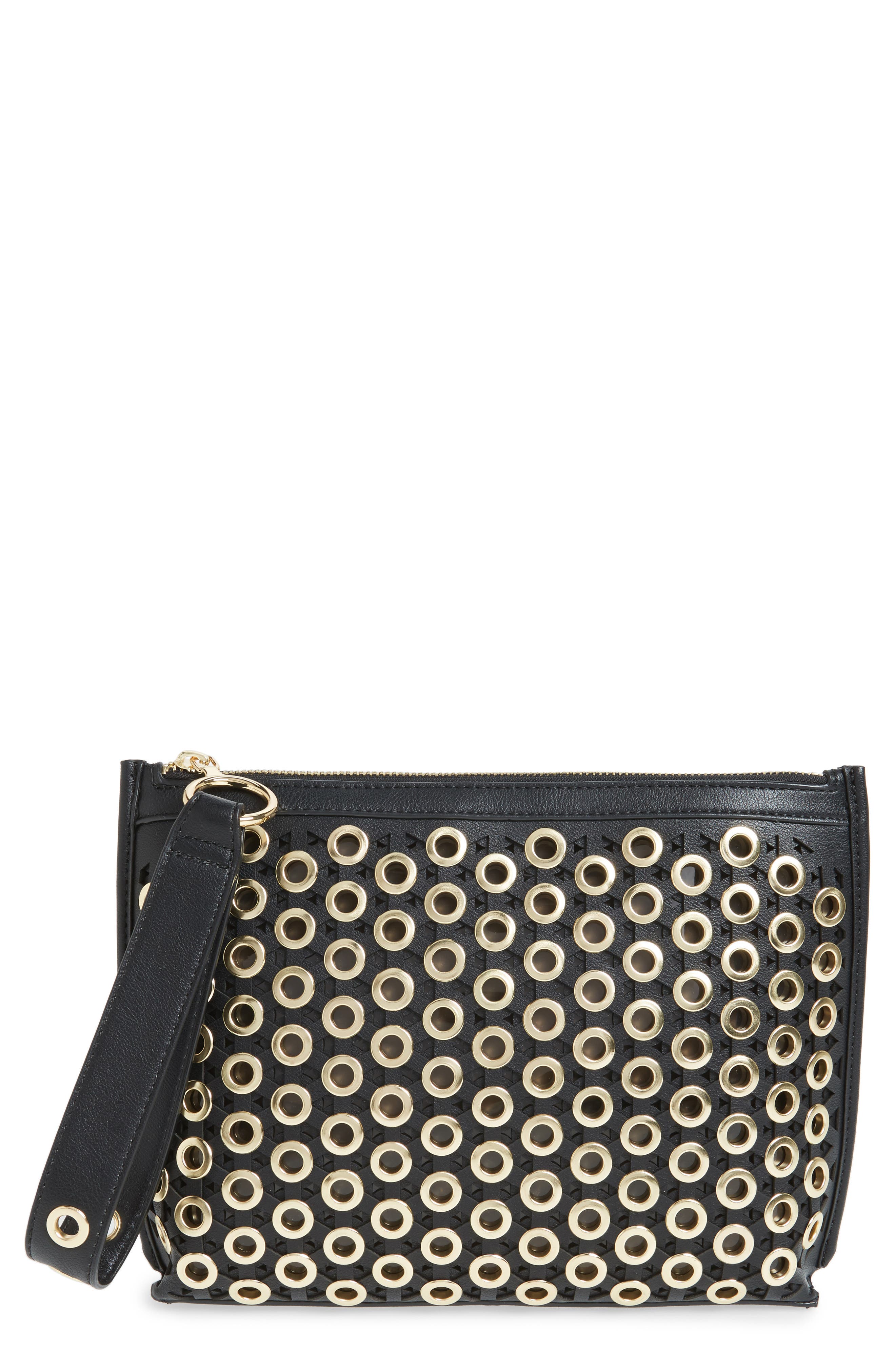 Skyler Faux Leather Clutch, Main, color, BLACK
