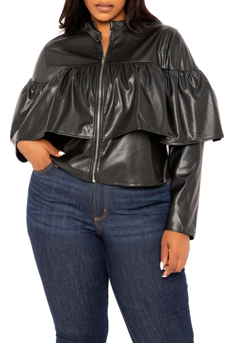 Ruffle Crop Faux Leather Jacket, Alternate, color, BLACK