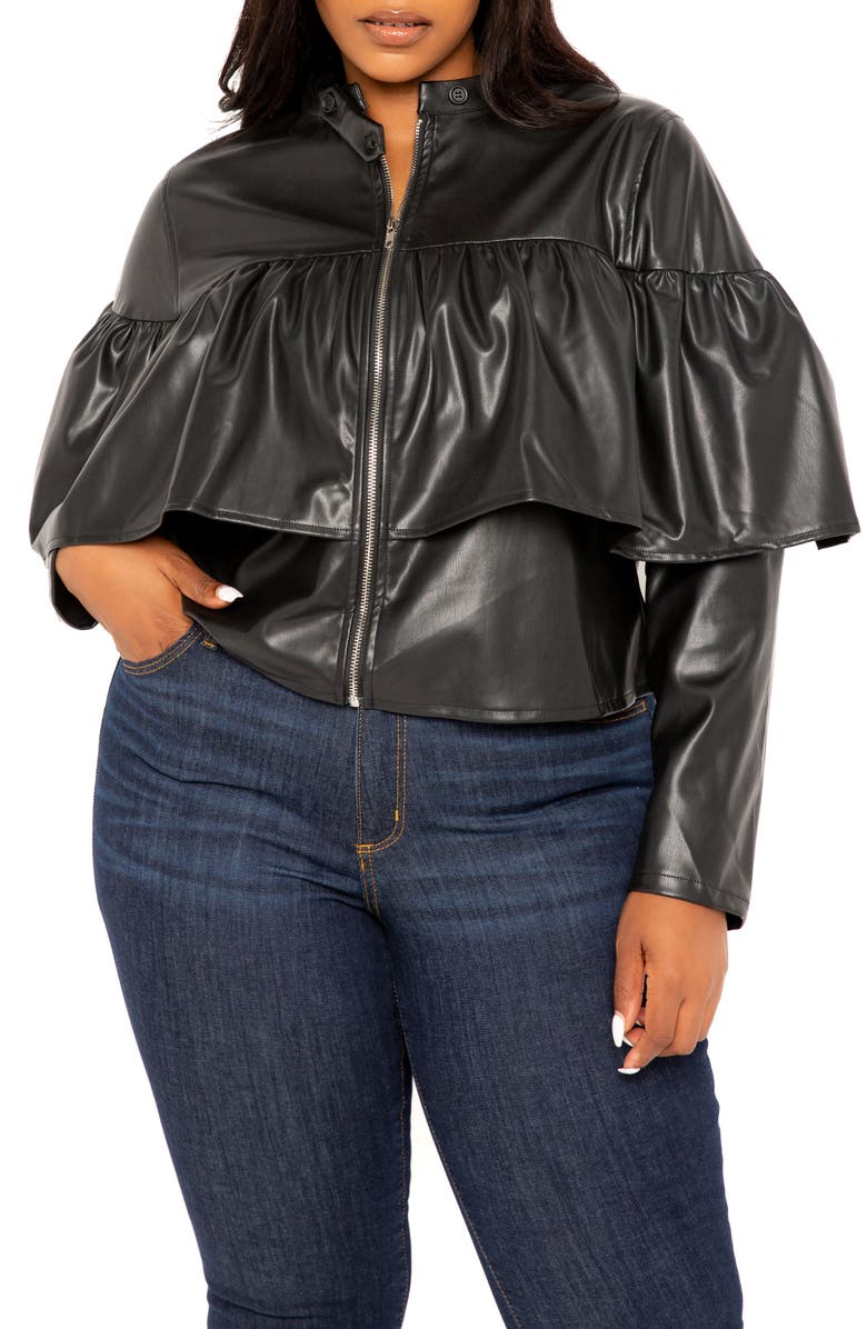 BUXOM COUTURE Ruffle Crop Faux Leather Jacket, Alternate, color,
