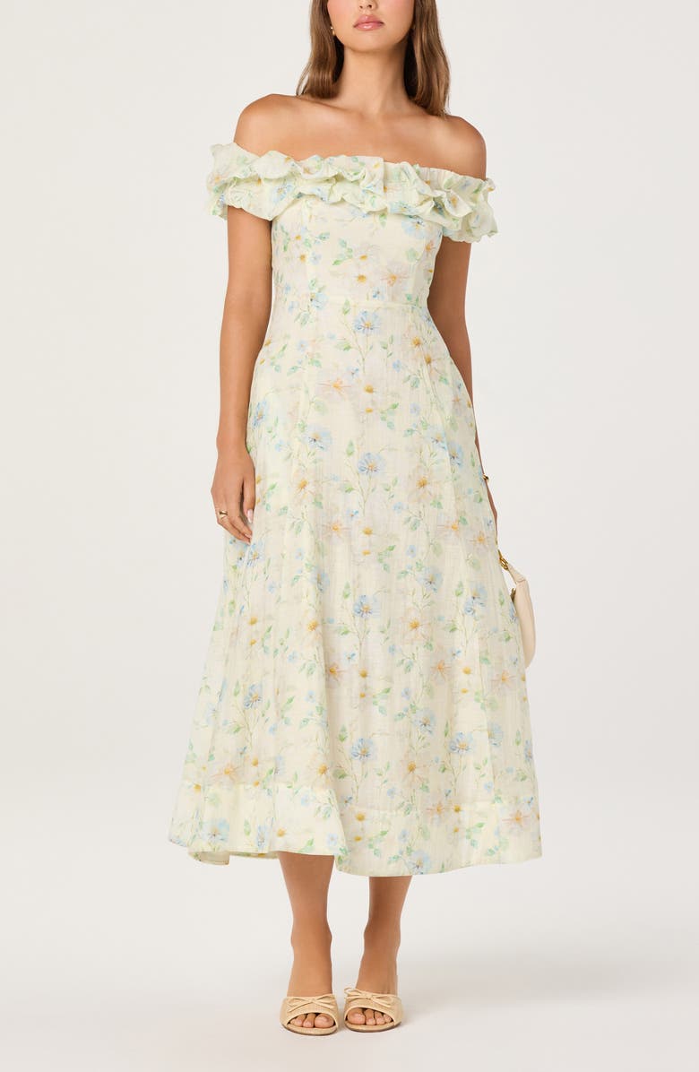 ASTR the Label Alannah Floral Print Off the Shoulder Dress, Main, color, Pale Yellow Floral