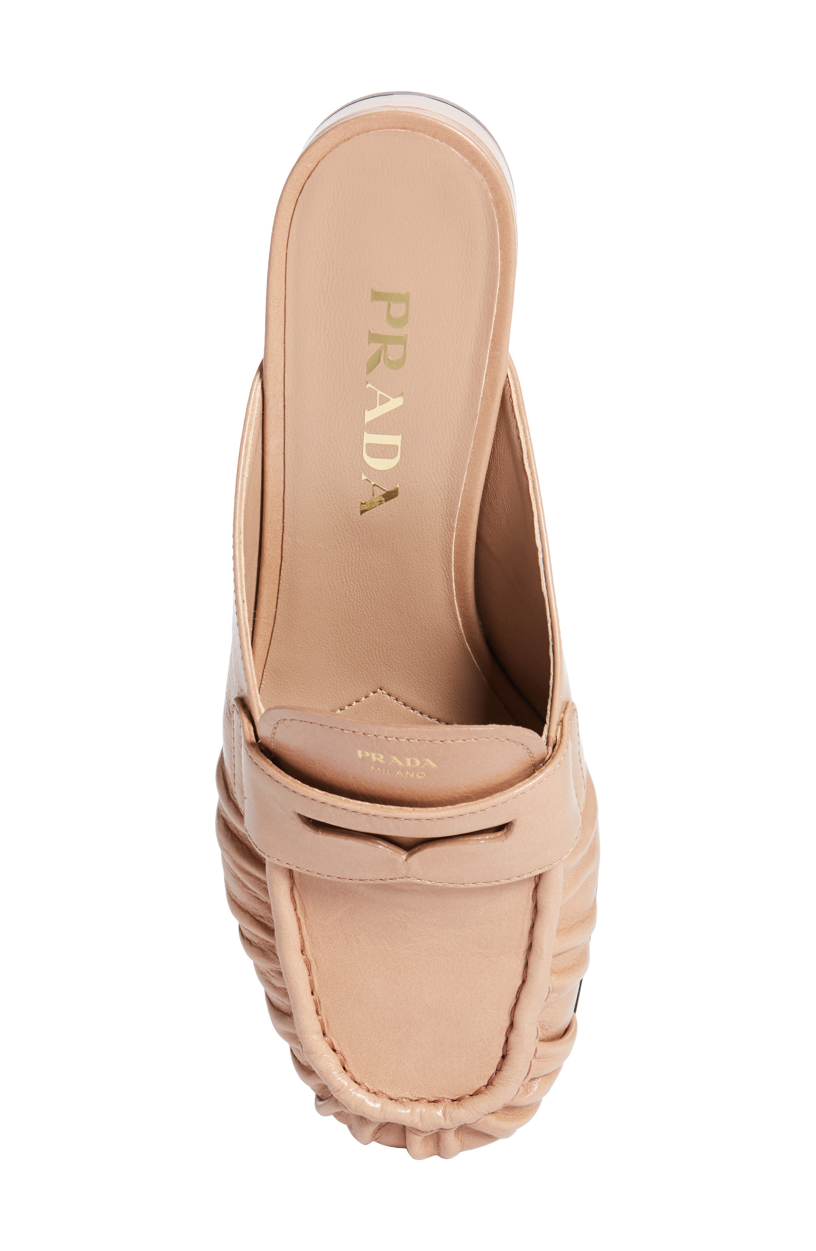 Prada Ruched Apron Toe Penny Loafer Mule, Alternate, color, Cammeo
