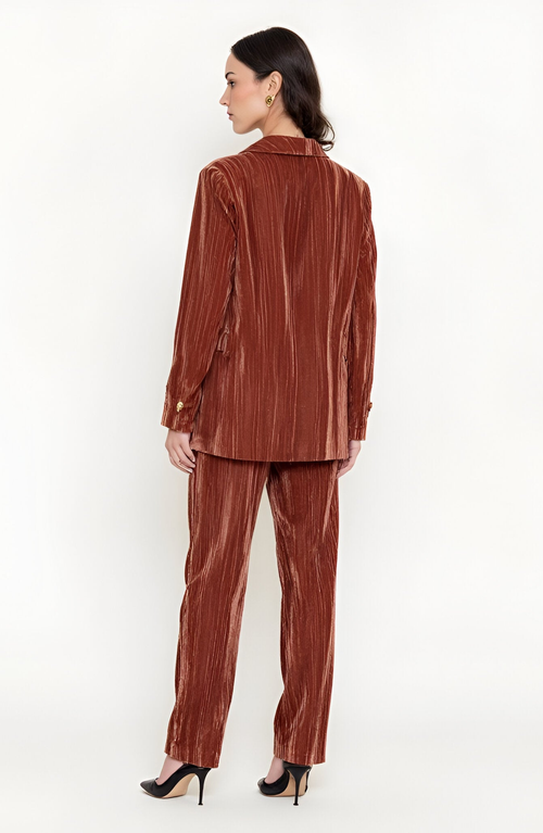 Modenaire Velvet Single-breasted Blazer With Shawl Collar And Flap Pockets In Brown