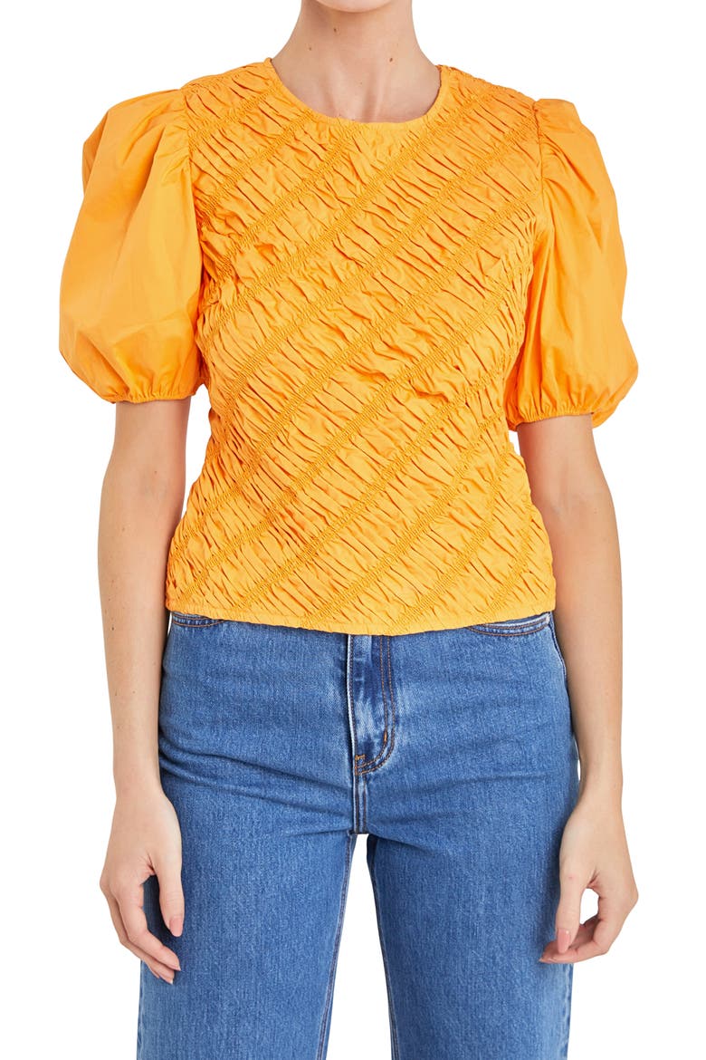 Asymmetric Shirred Puff Sleeve Top, Alternate, color, ORANGE