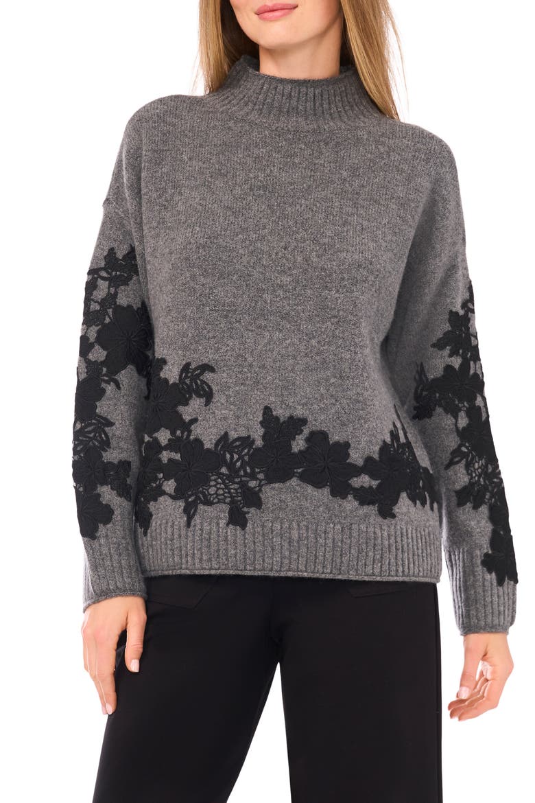 Floral Appliqué Mock Neck Sweater, Main, color, SALT AND PEPPER