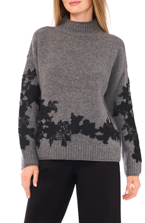 Floral Appliqué Mock Neck Sweater