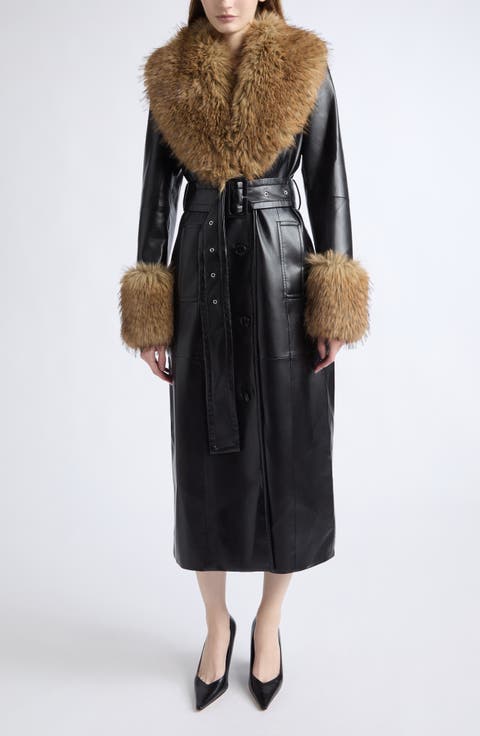 Estella Belted Faux Leather Coat with Faux Fur Trim