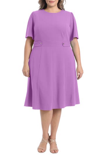 London Times Short Sleeve Fit & Flare Midi Dress In Purple