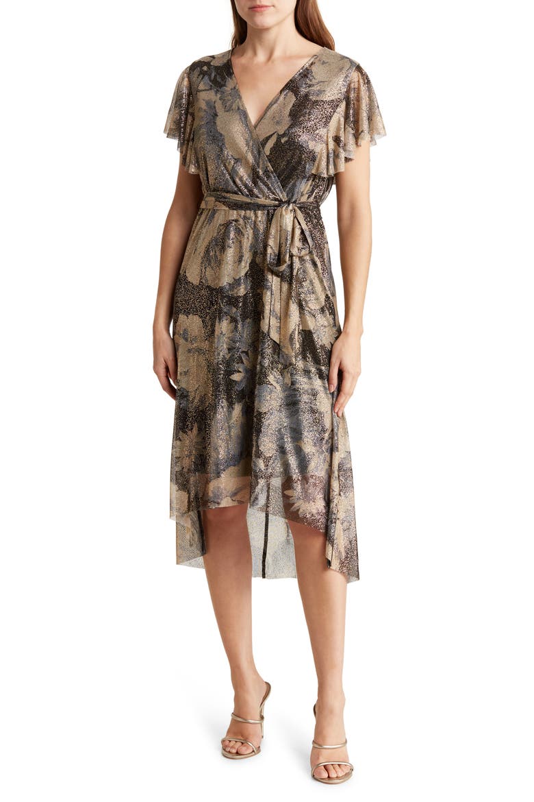Winter Garden Metallic Flutter Sleeve Midi Dress, Main, color, GREEN MULTI