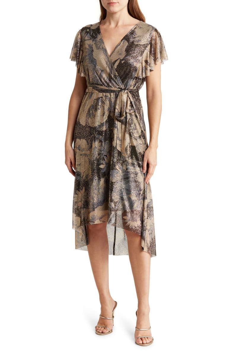 TASH AND SOPHIE Winter Garden Metallic Flutter Sleeve Midi Dress, Main, color,