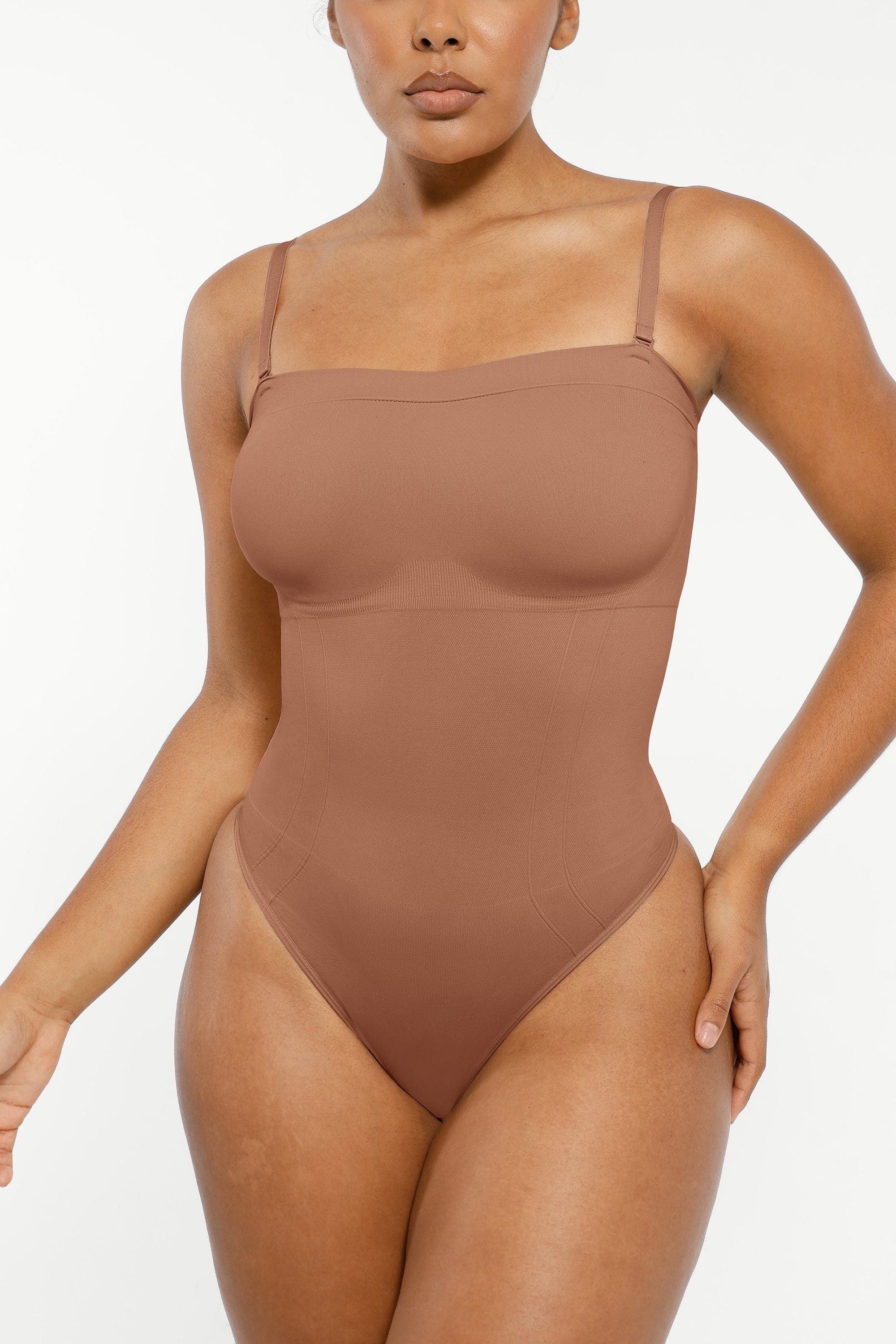 Shapellx Skin Flow Strapless Sculpt Thong Bodysuit In Brown