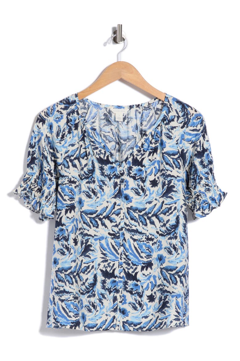 Puff Sleeve Top, Alternate, color, IVORY-BLUE IKAT BLOSSOM