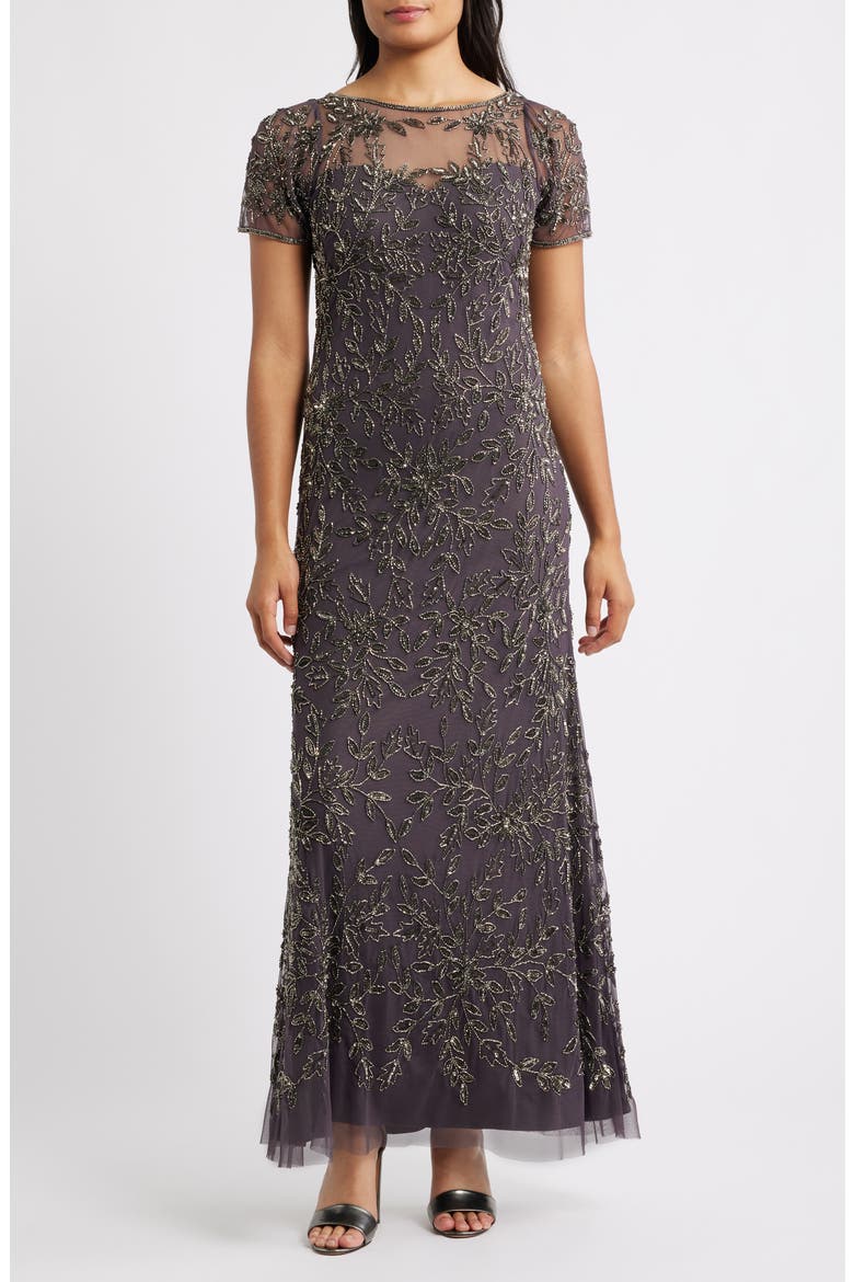 Beaded Floral Gown, Main, color, SLATE 421