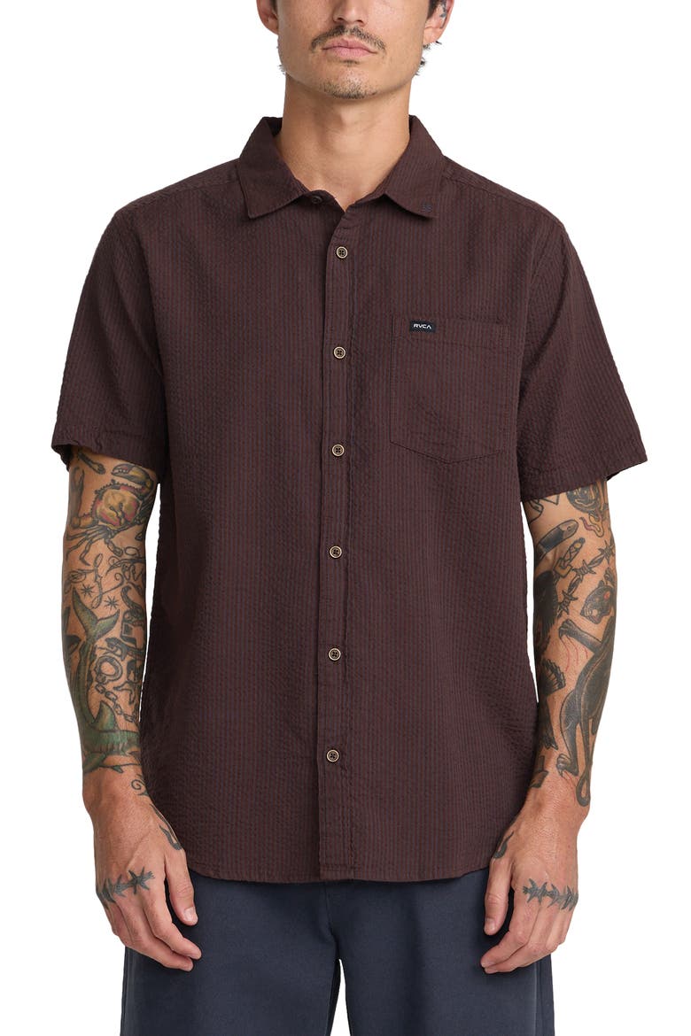 That'll Do Seersucker Short Sleeve Button-Up Shirt, Main, color, MOCHA