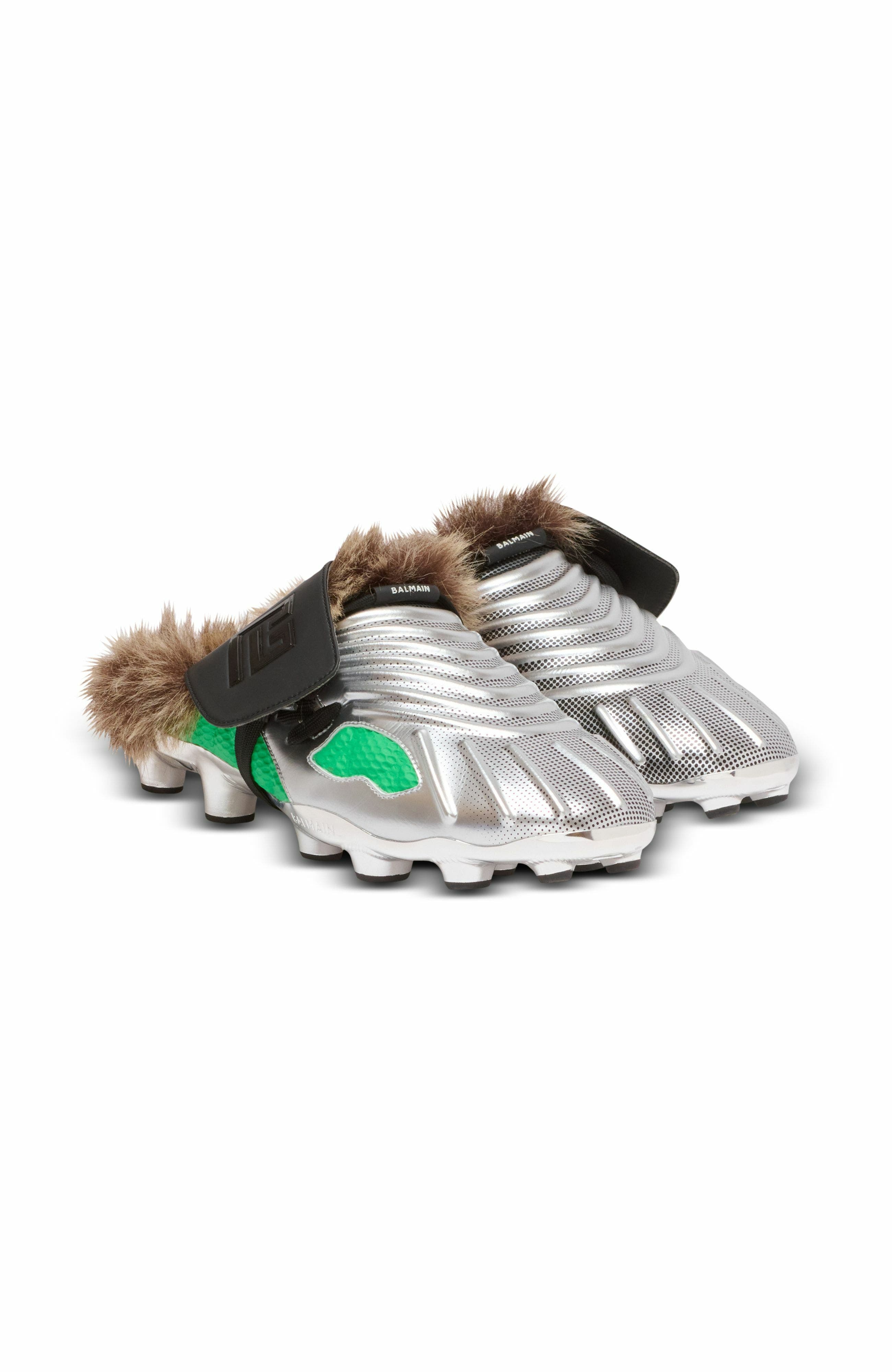 Balmain Half Time Faux Fur-Lined Mules With Technical Fabrics, Main, color, Green