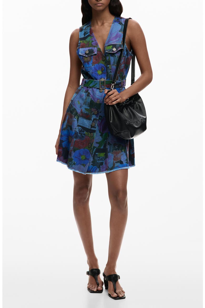 Floral Print Denim Minidress, Main, color, DARK BLUE