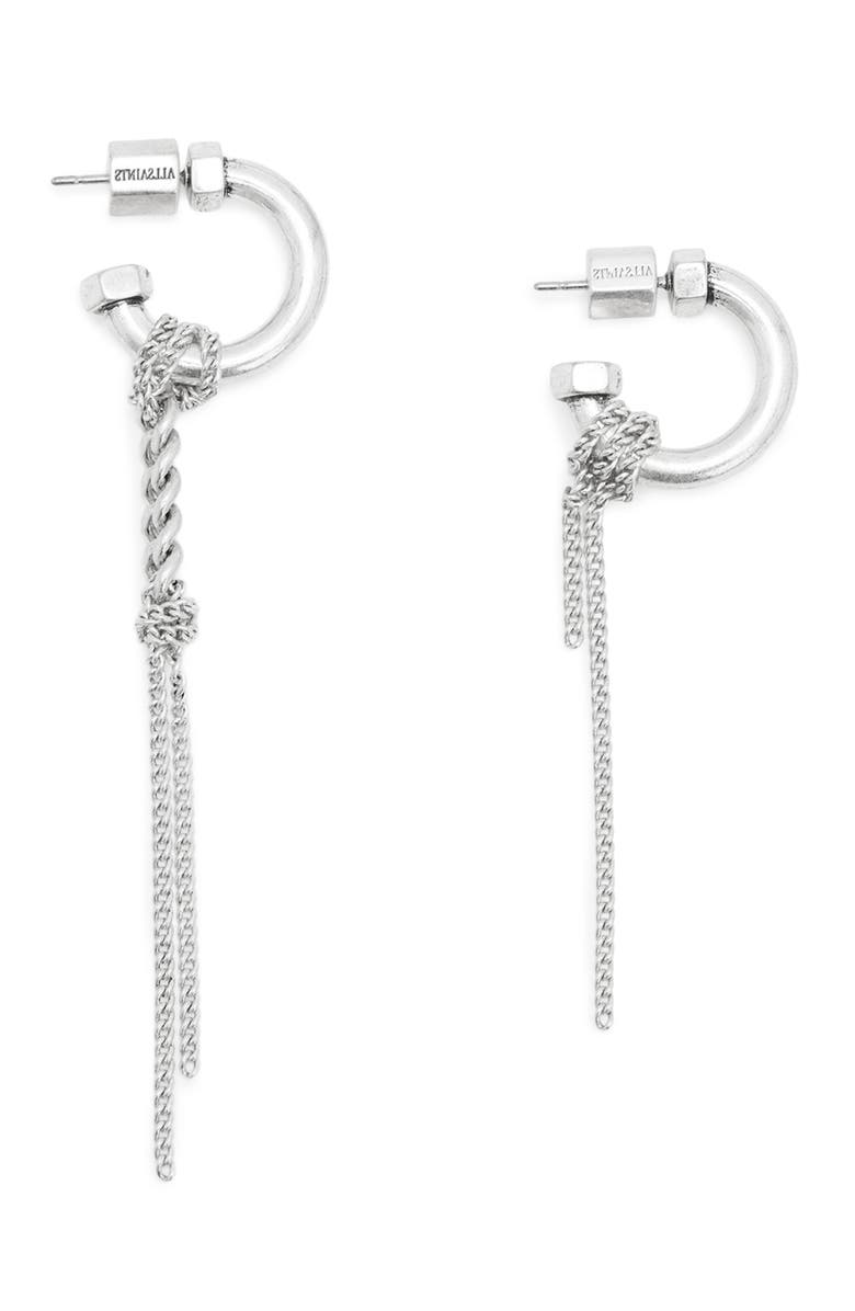 AllSaints Mismatched Chain Drop Huggie Hoop Earrings, Main, color, Rhodium