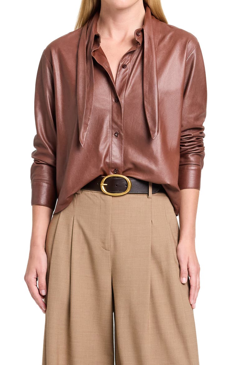 Leather Tie Collar Button-Up Shirt, Main, color, CIGAR