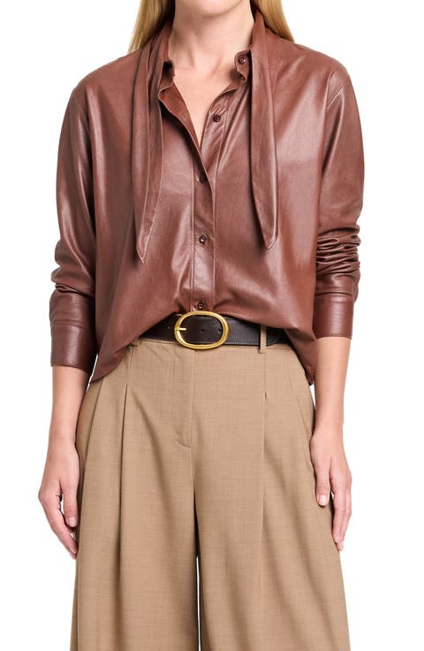 Leather Tie Collar Button-Up Shirt