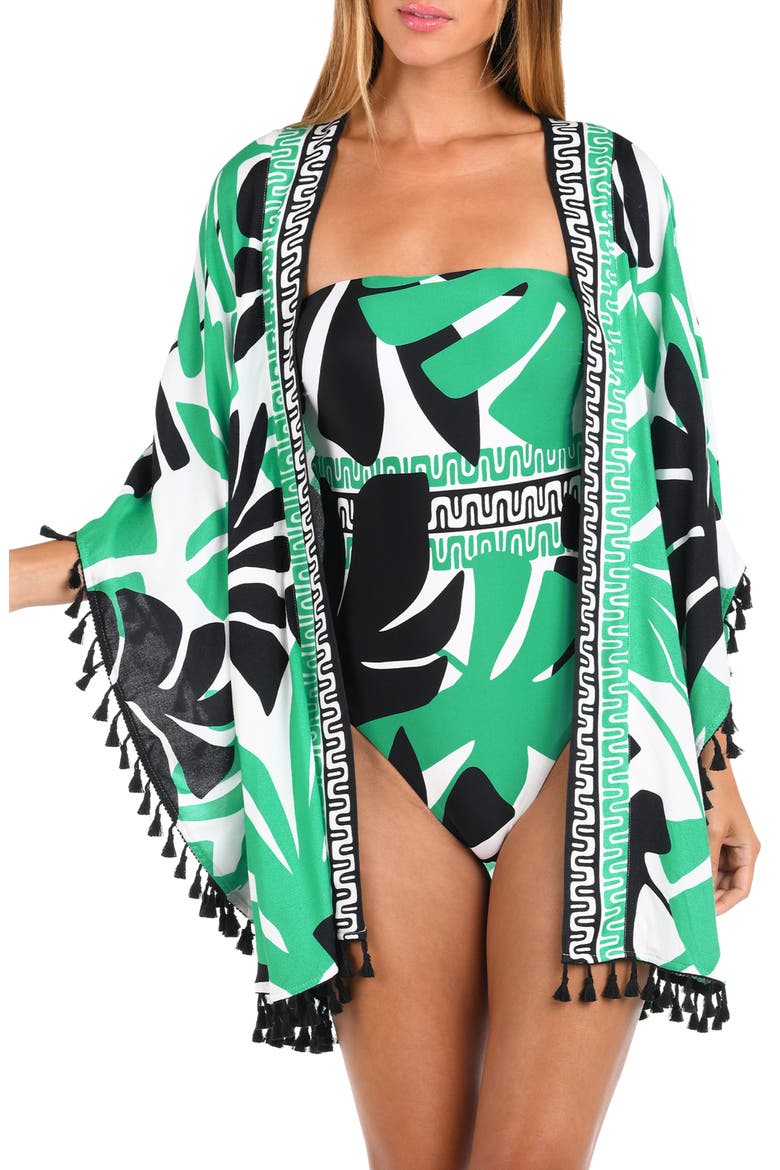 Monstera Tassel Trim Cover-Up, Main, color, GREEN MULTI