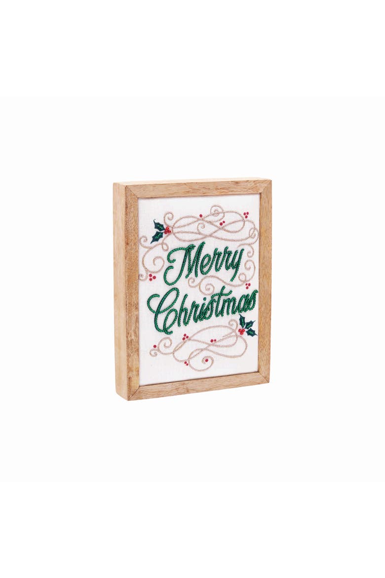 "Merry Christmas" Decorative Embroidered Swirl Shadow Box 6" x 8", Alternate, color, Green