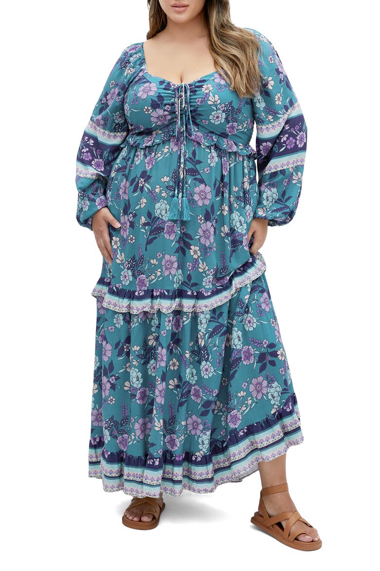 Lyra Floral Print Long Sleeve Maxi Dress, Main, color, BLUE BORDER