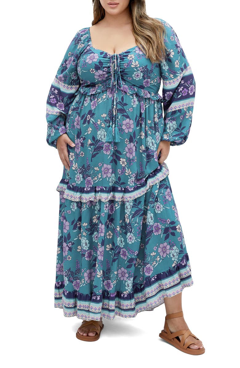 City Chic Lyra Floral Print Long Sleeve Maxi Dress, Main, color, Blue Border