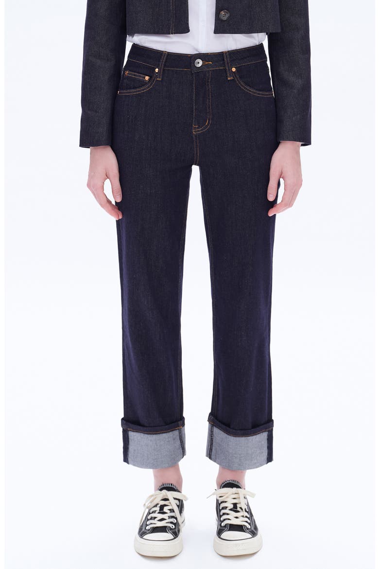High Waist Deep Cuff Straight Leg Jeans, Main, color, RINSE