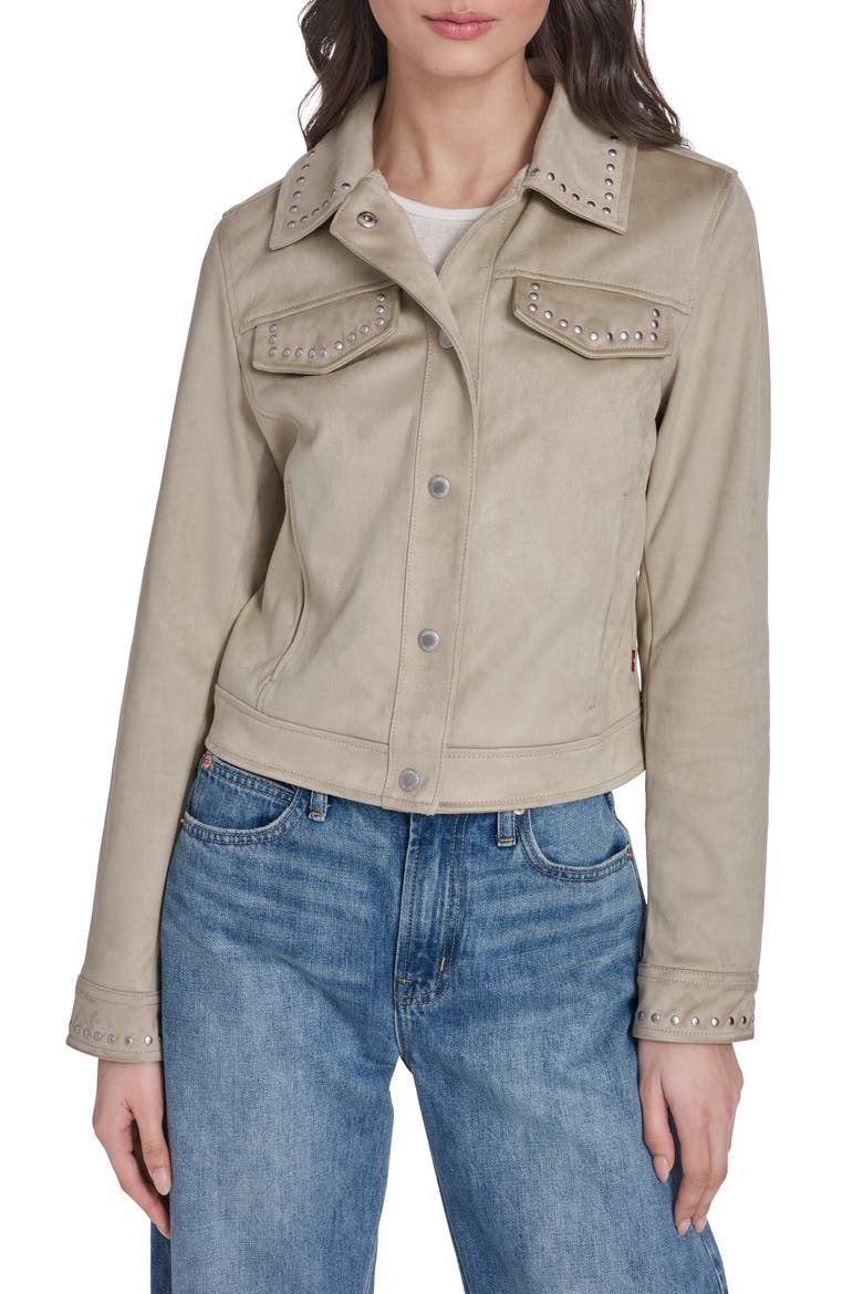 Studded Faux Suede Jacket, Main, color, BEIGE