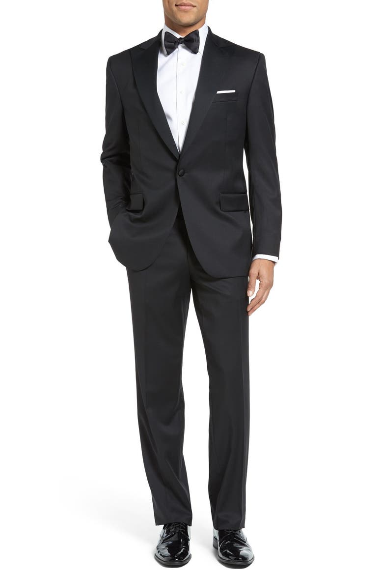 Russell Classic Fit Loro Piana Wool Peaked Lapel Tuxedo, Main, color, BLACKDNU