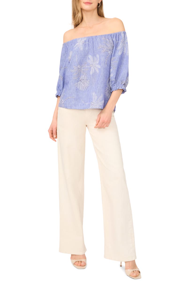 Vince Camuto Off the Shoulder Puff Sleeve Top, Alternate, color, Multi Blue Chambray