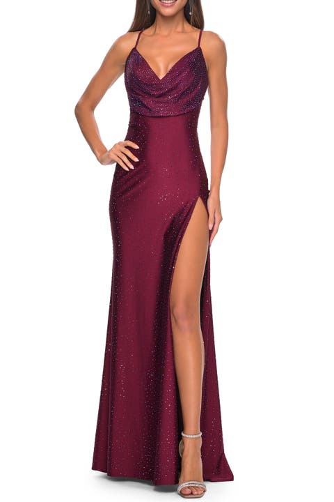 Drape Neckline Jeweled Jersey Prom Dress with High Slit