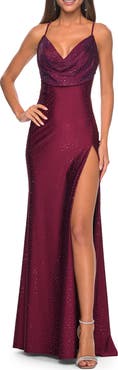 La Femme Drape Neckline Jeweled Jersey Prom Dress with High Slit