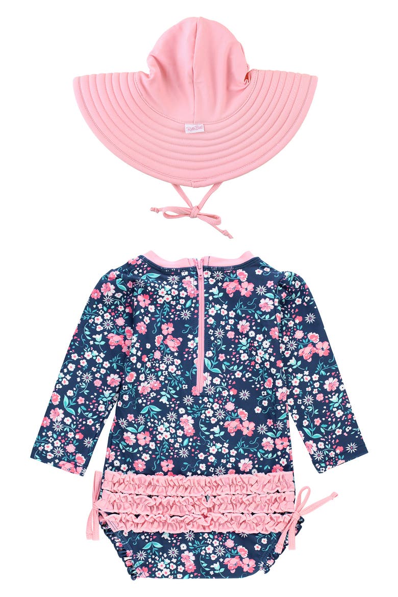 Moonlit Meadow One-Piece Rashguard Swimsuit & Hat Set, Alternate, color, BLUE
