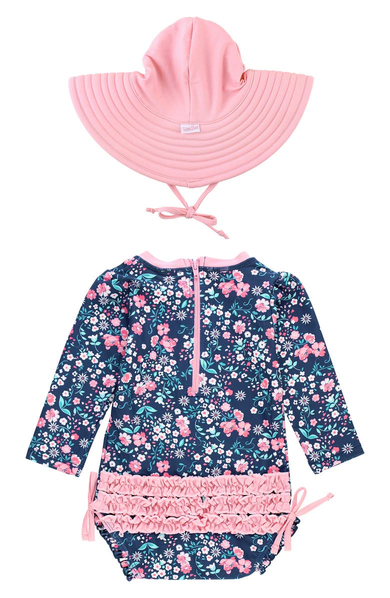 RuffleButts Moonlit Meadow One-Piece Rashguard Swimsuit & Hat Set, Alternate, color, Blue