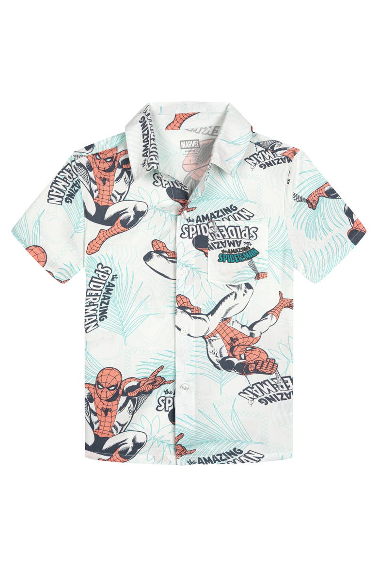 Spider-Man Hawaiian Short Sleeve Button Down Shirt, Main, color, Spider Man Ivory