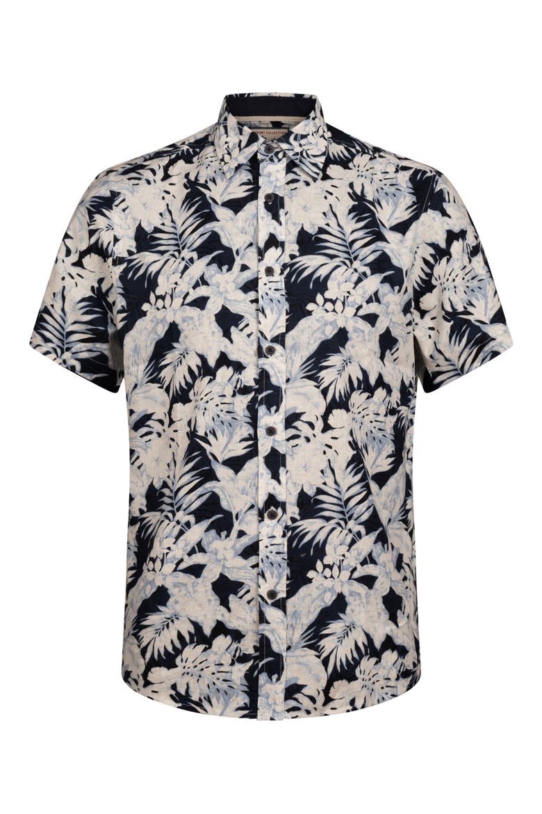 Tropical Print Short Sleeve Linen & Cotton Button-Up Shirt, Alternate, color, NAVY
