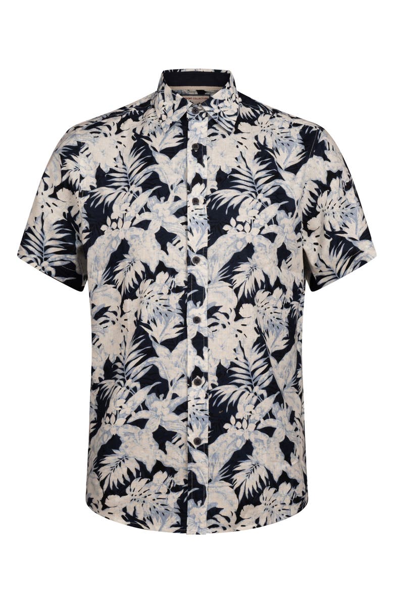 Report Collection Tropical Print Short Sleeve Linen & Cotton Button-Up Shirt, Alternate, color, Navy