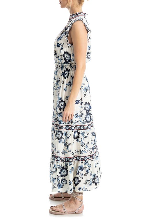 Max Studio Floral Maxi Dress In Cream/blues Poppies Ikat