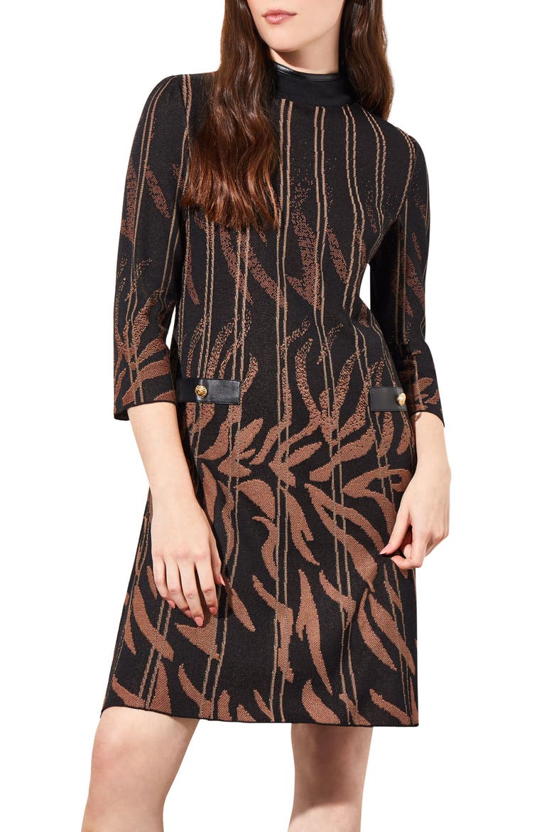 Faux Leather Trim Jacquard Sweater Dress, Main, color, BLACK/ CHESTNUT/ CAMEL