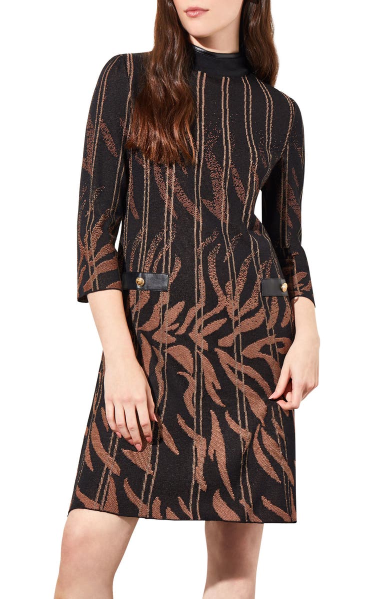 Ming Wang Faux Leather Trim Jacquard Sweater Dress, Main, color, Black/ Chestnut/ Camel